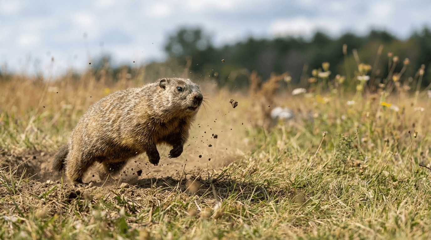 KI-generiertes Bild von Groundhog: Groundhog Actionaufnahme. Kleine Säugetiere. Nordamerika.