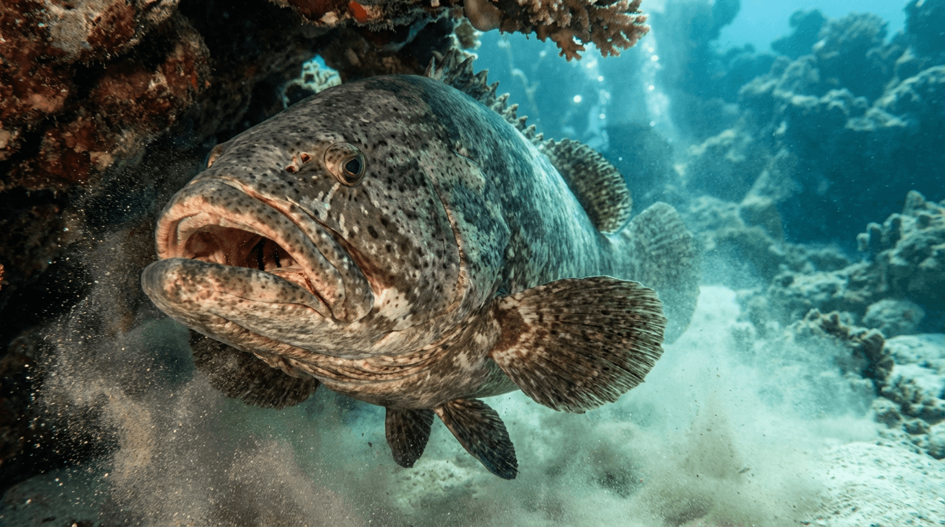 AI-generated Grouper image: Grouper Action Shot. Marine Fish. Tropical and Subtropical Waters.