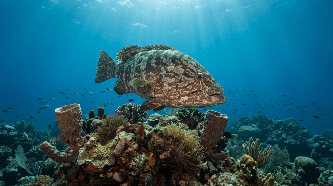 KI-generiertes Bild von Grouper: Grouper im natürlichen Lebensraum. Realistisches Tierbild-Beispiel.
