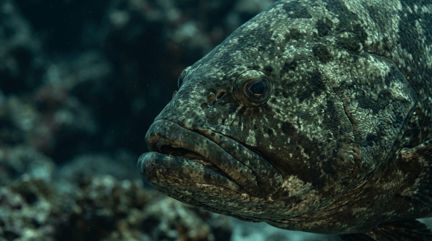 KI-generiertes Bild von Grouper: Grouper Close Porträt. Meeresfische. Tropical and Subtropical Waters.