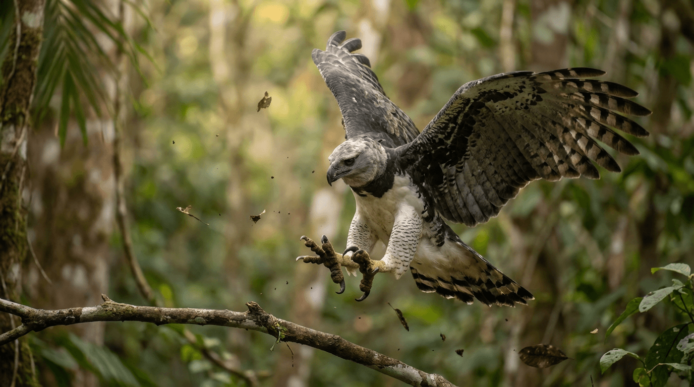 AI-generated Harpy Eagle image: Harpy Eagle Action Shot. Birds of Prey. Central South American Rainforest.