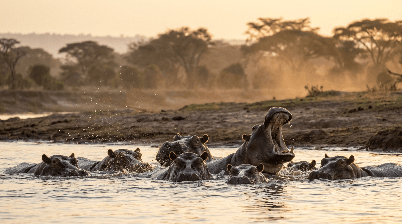 AI-generated Hippopotamus image: Hippo Pod in River. Large Mammals. African Rivers.