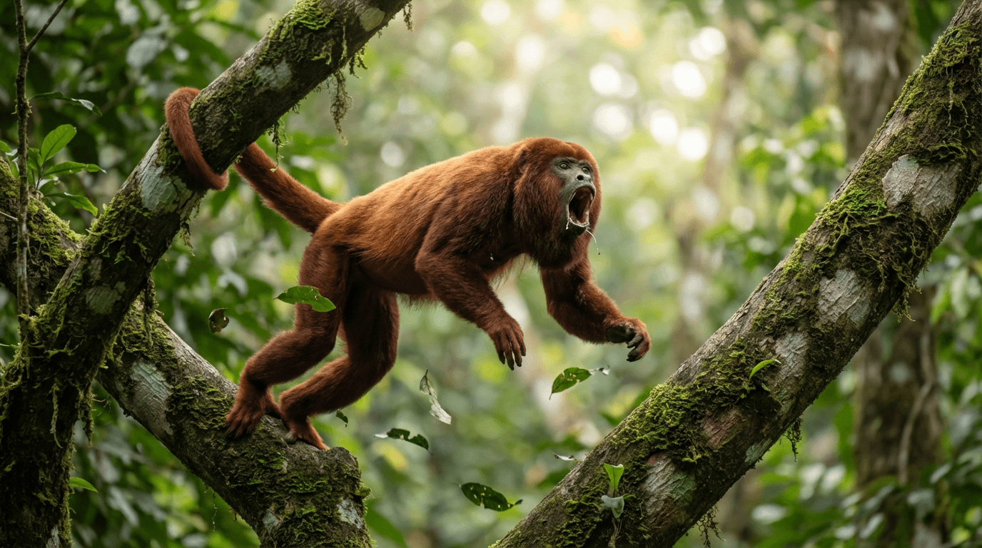 AI-generated Howler Monkey image: Howler Monkey Action Shot. Primates. Central South American Forest.