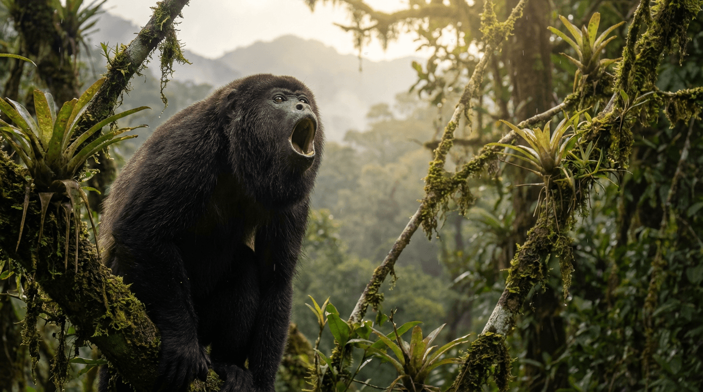 KI-generiertes Bild von Howler Monkey: Howler Monkey im natürlichen Lebensraum. Realistisches Tierbild-Beispiel.