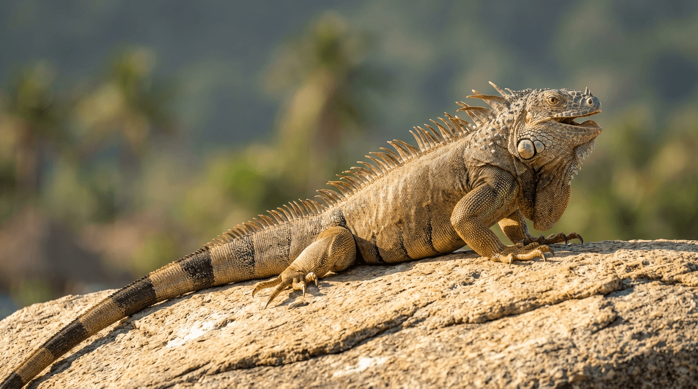 AI-generated Green Iguana image: Iguana Basking in Sun. Reptiles. Central American Rainforest.