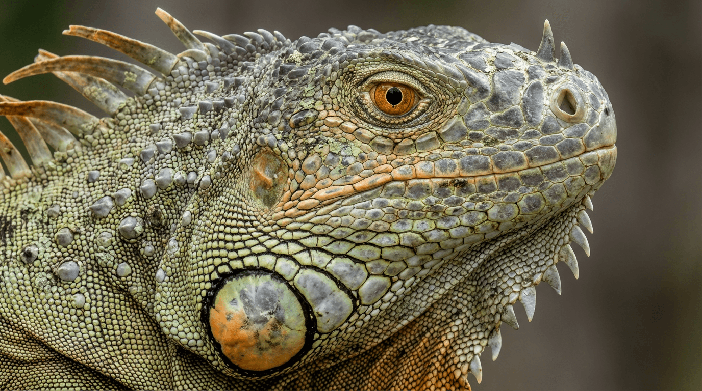 AI 生成的 Green Iguana 图片:Iguana Face 肖像,爬行动物. Central American Rainforest。