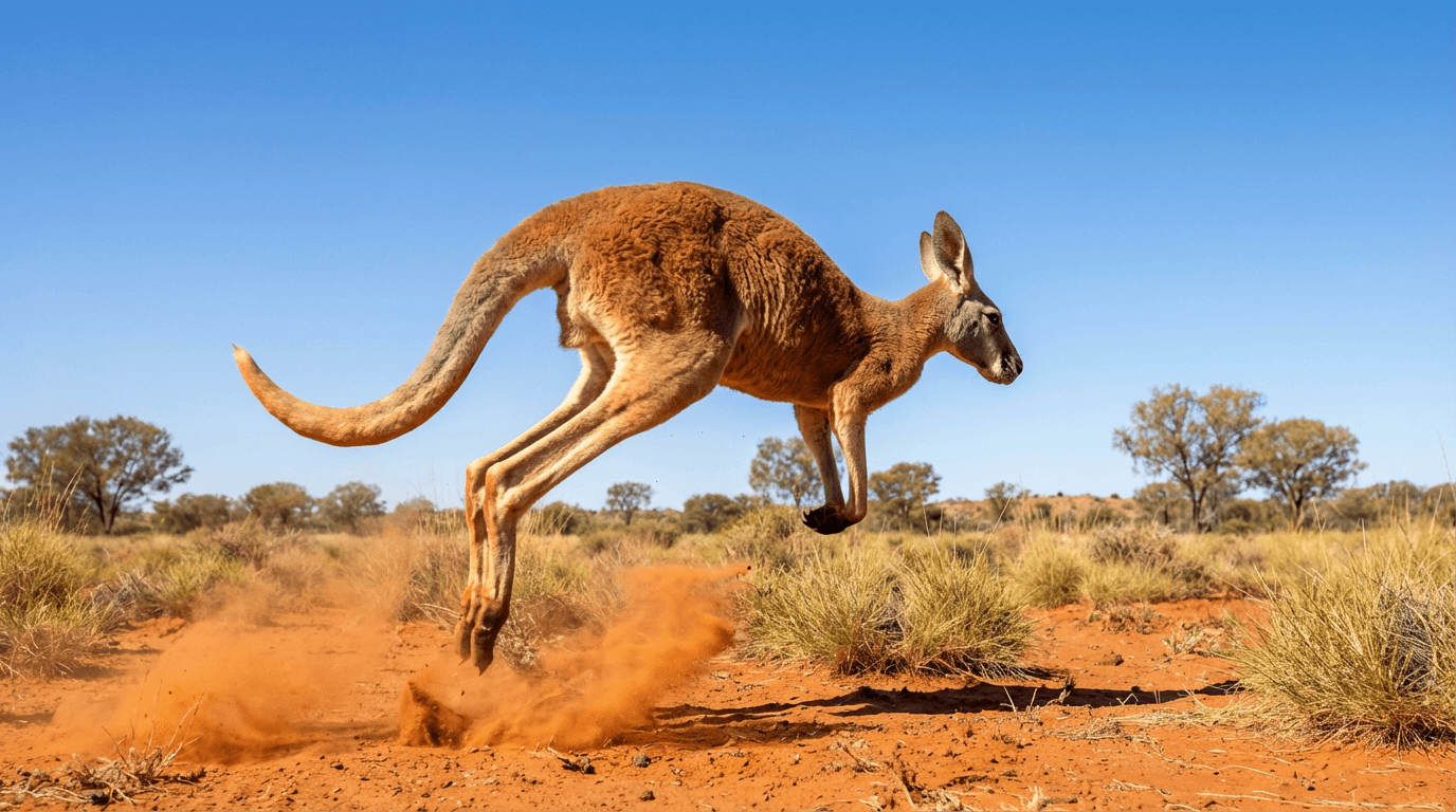 AI-generated Red Kangaroo image: Kangaroo Hopping at Speed. Australian Outback. Realistic animal image sample.