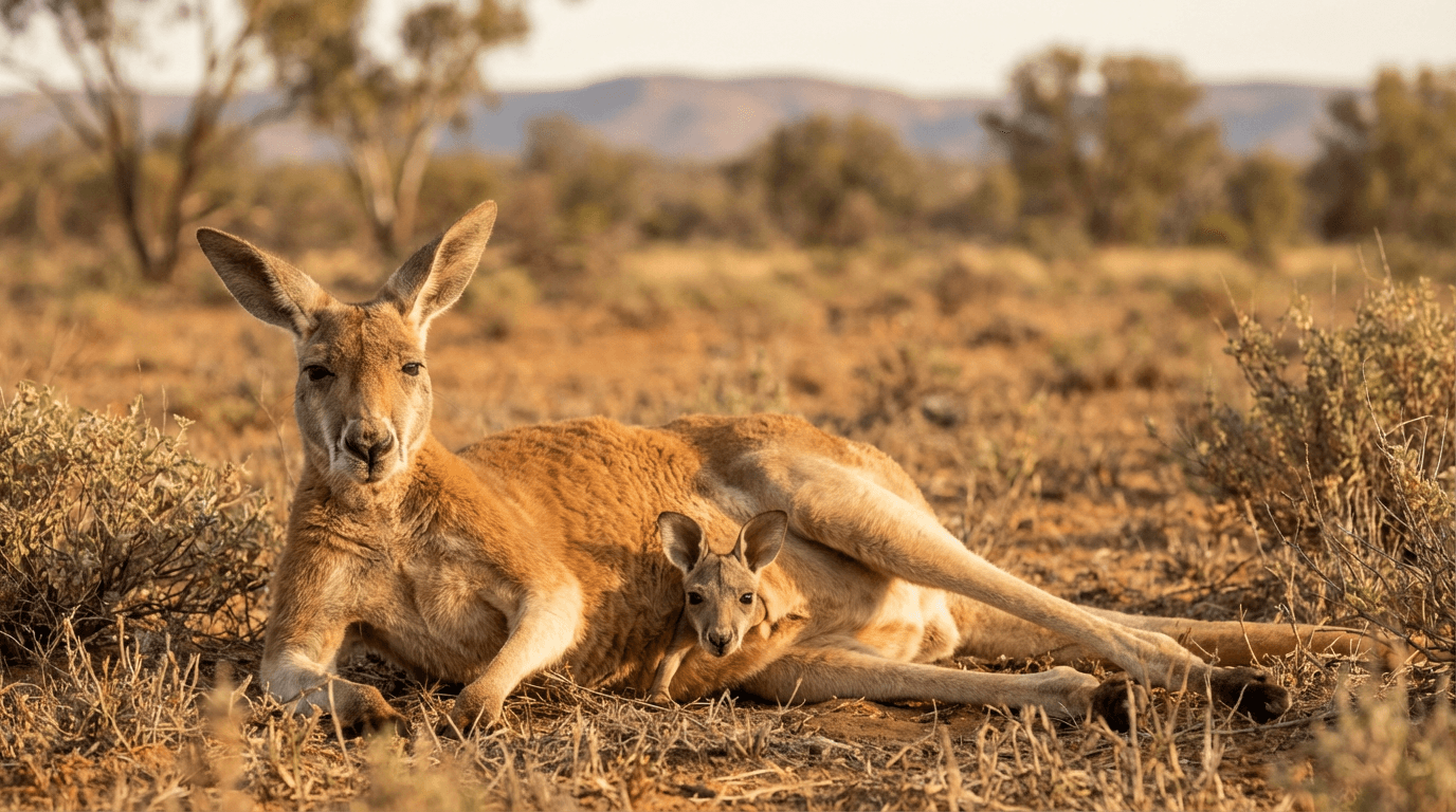 AI-generated Red Kangaroo image: Kangaroo with Joey in Pouch. Marsupials. Australian Outback.