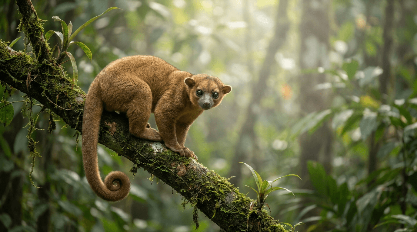 AI-generated Kinkajou image: Kinkajou in Natural Habitat. Realistic animal image sample.
