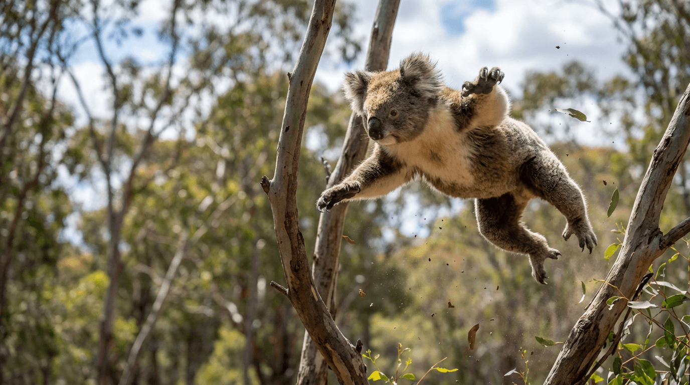 AI-generated Koala image: Koala in Action. Popular Animals. Australian Eucalyptus Forests.