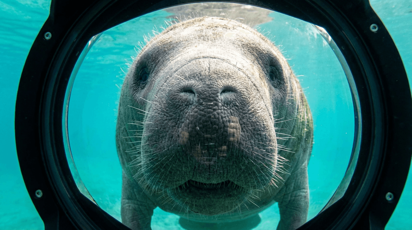 KI-generiertes Bild von Manatee: Manatee Underwater Porträt. Meeressäuger. Coastal Waters.