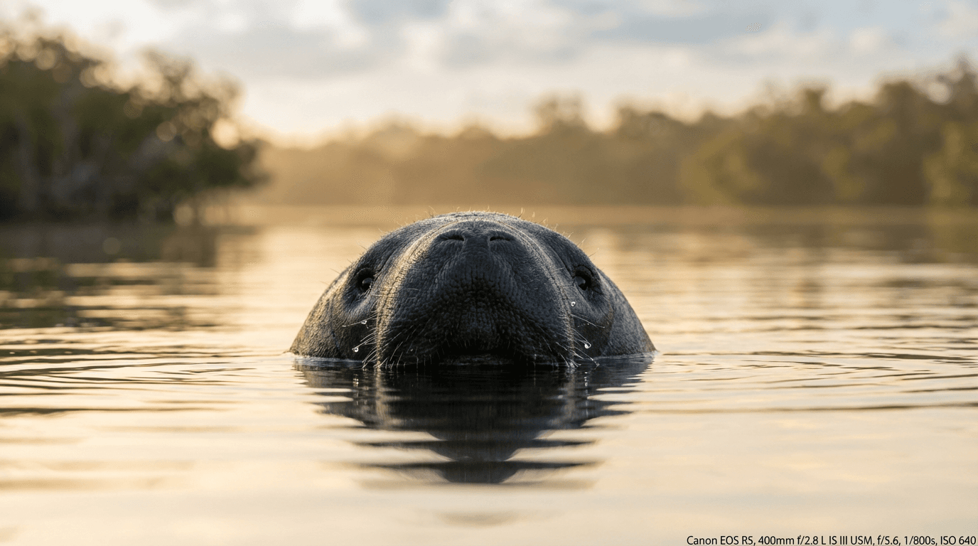 AI-generated Manatee image: Manatee at Surface. Marine Mammals. Coastal Waters.