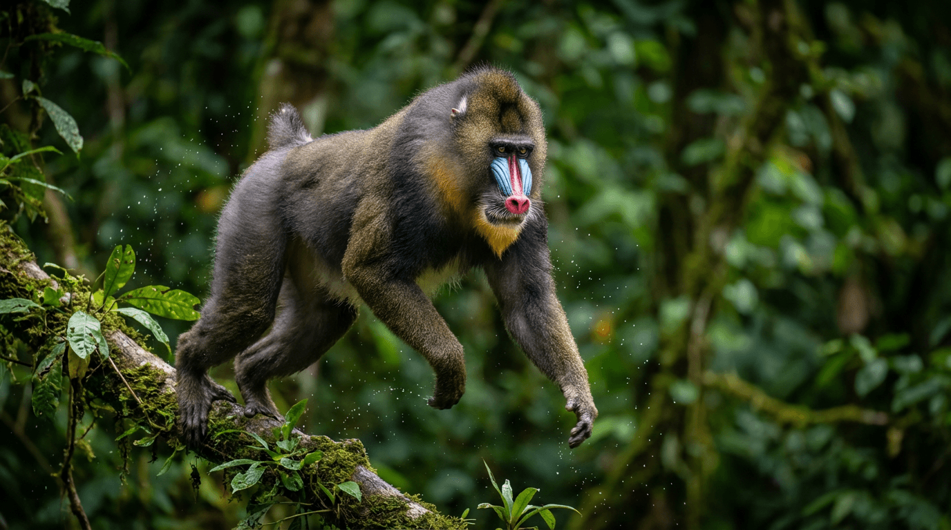 KI-generiertes Bild von Mandrill: Mandrill Actionaufnahme. Primaten. West African Rainforest.