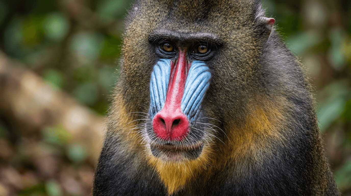 AI-generated Mandrill image: Mandrill Close Portrait. Primates. West African Rainforest.