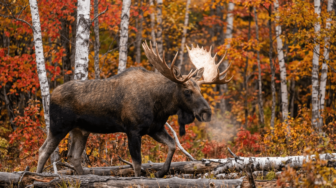 KI-generiertes Bild von Moose: Moose in Autumn Forest. Große Säugetiere. Northern Forests.