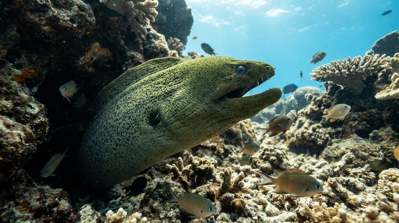 AI-generated Moray Eel image: Moray Eel Action Shot. Marine Fish. Tropical and Temperate Oceans.