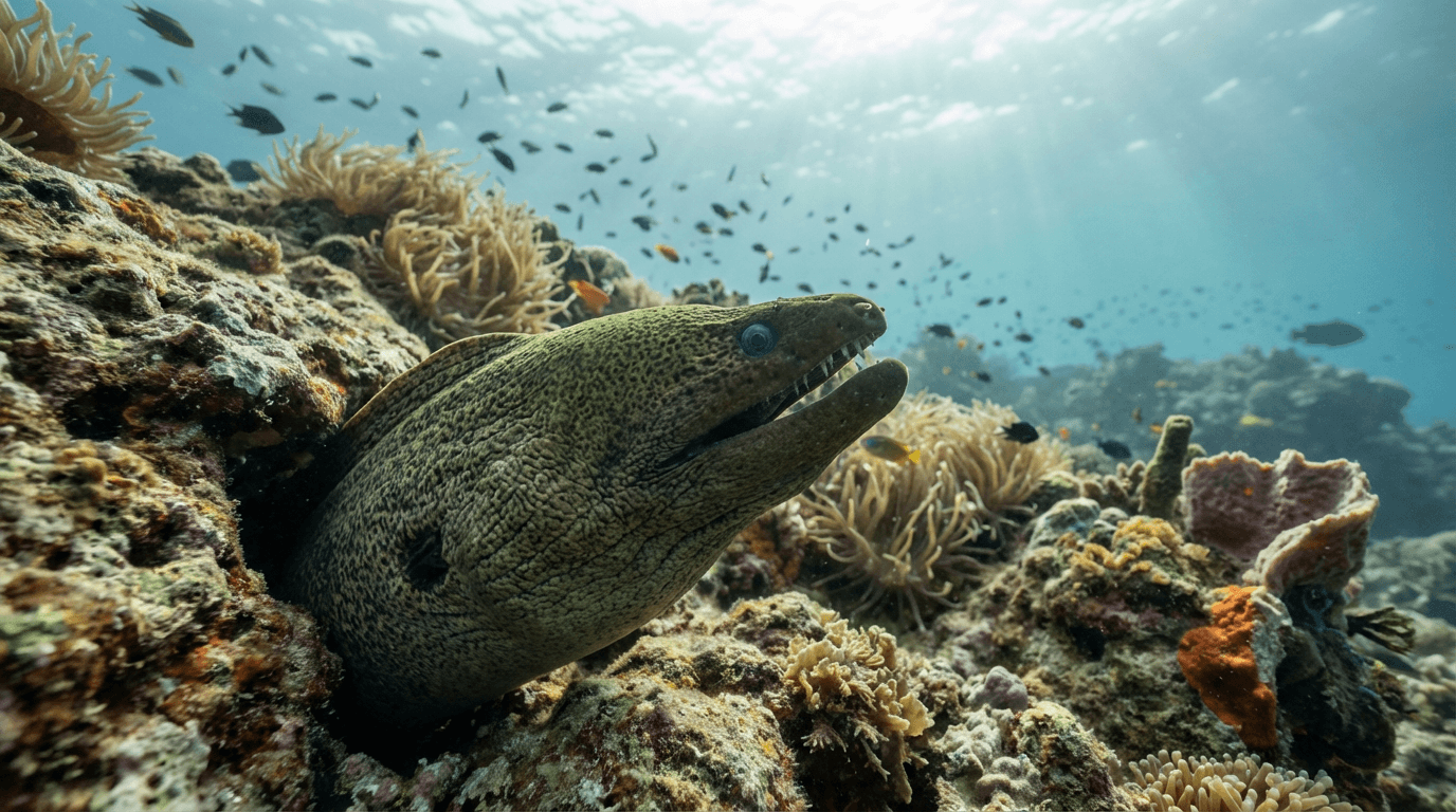 AI-generated Moray Eel image: Moray Eel in Natural Habitat. Realistic animal image sample.