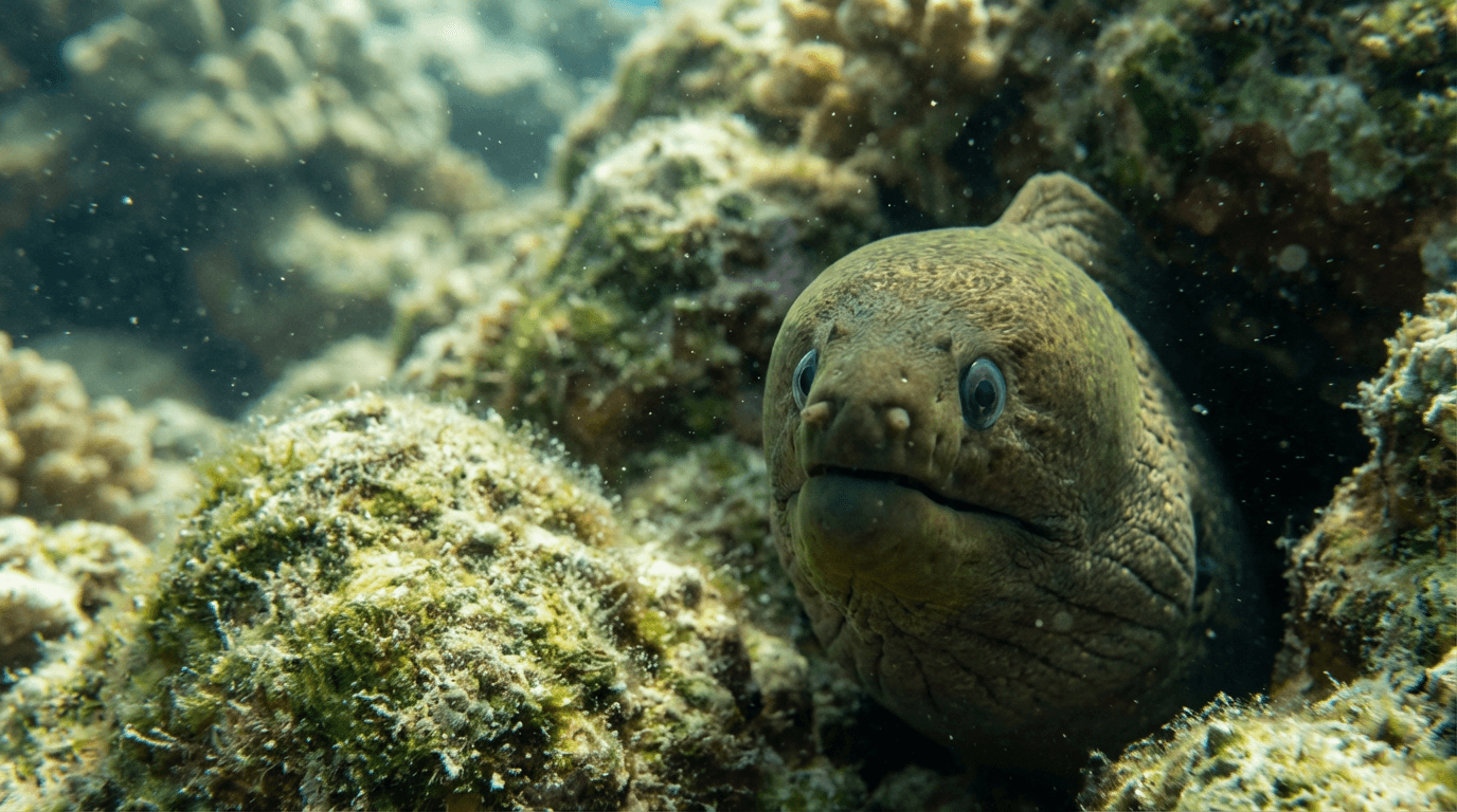 AI-generated Moray Eel image: Moray Eel Close Portrait. Marine Fish. Tropical and Temperate Oceans.