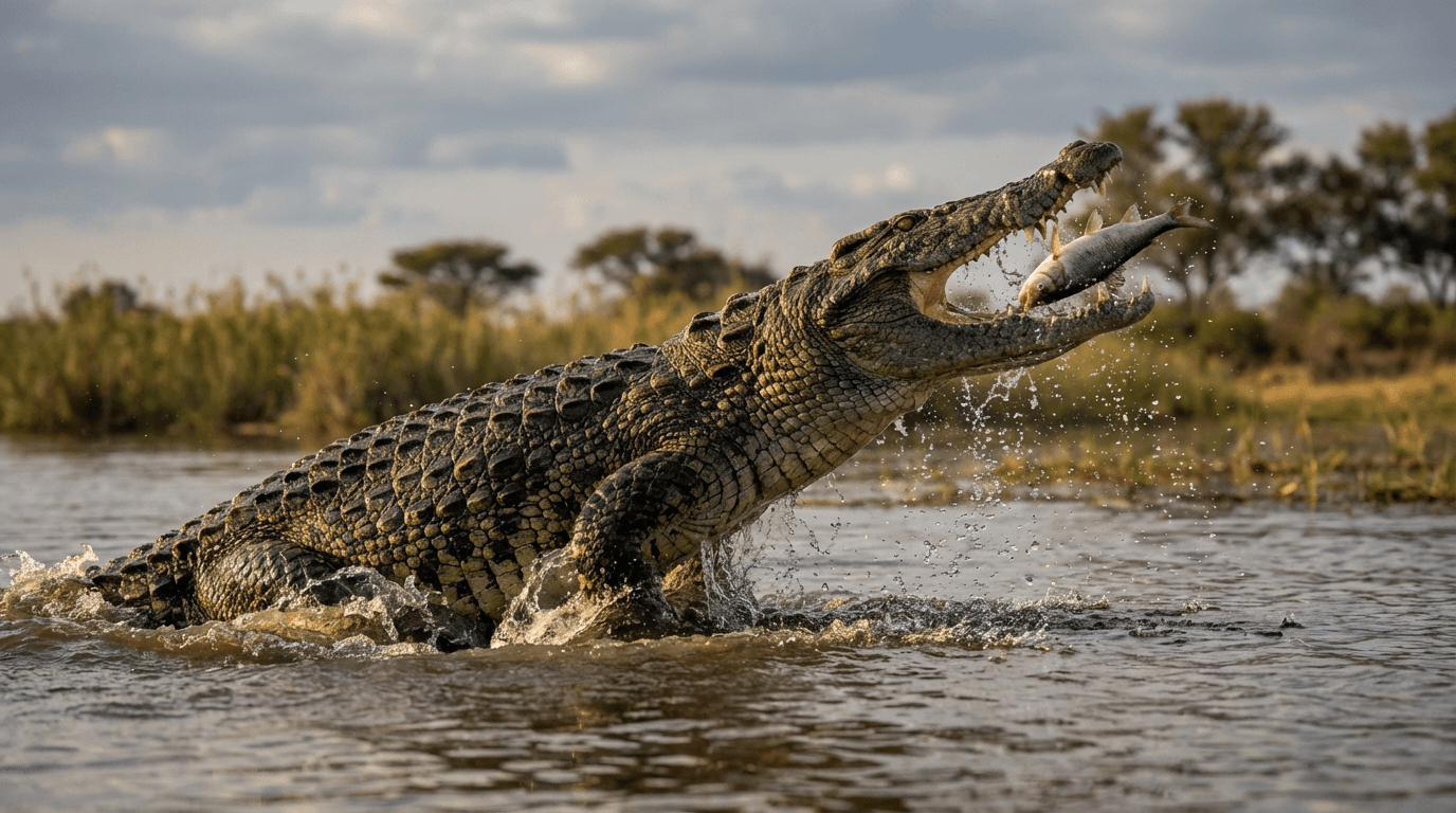 AI-generated Nile Crocodile image: Nile Crocodile Action Shot. Reptiles. Sub-Saharan Africa.