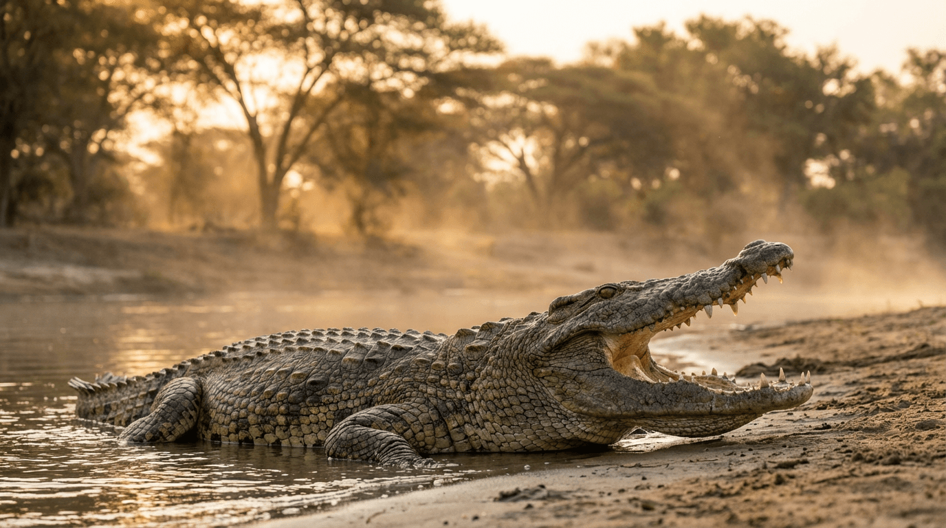 AI-generated Nile Crocodile image: Nile Crocodile in Natural Habitat. Realistic animal image sample.