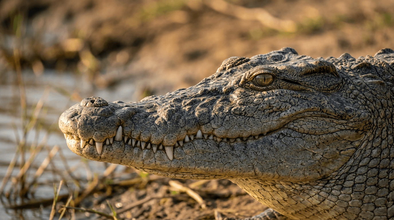 AI-generated Nile Crocodile image: Nile Crocodile Close Portrait. Reptiles. Sub-Saharan Africa.