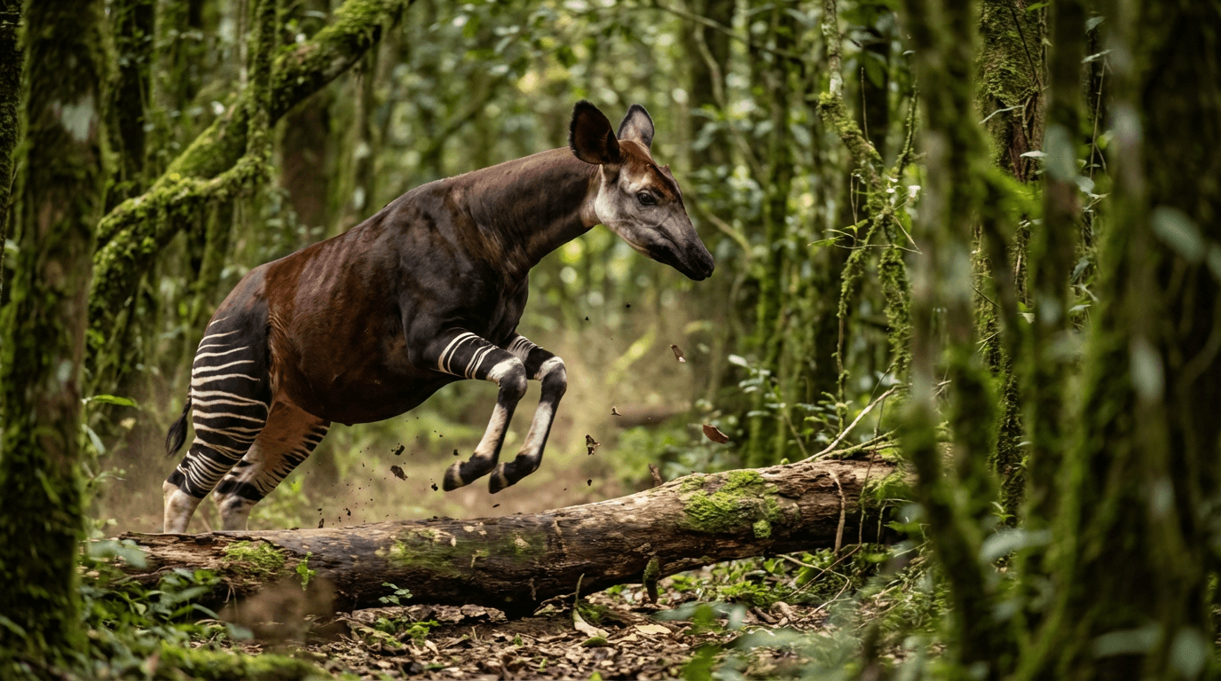KI-generiertes Bild von Okapi: Okapi Actionaufnahme. Große Säugetiere. Democratic Republic of Congo.
