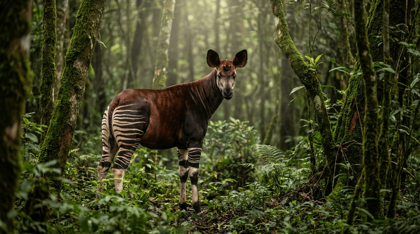 AI-generated Okapi image: Okapi in Natural Habitat. Realistic animal image sample.