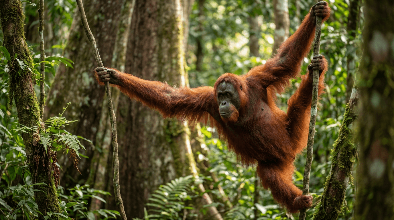 AI-generated Bornean Orangutan image: Bornean Orangutan in Natural Habitat. Realistic animal image sample.