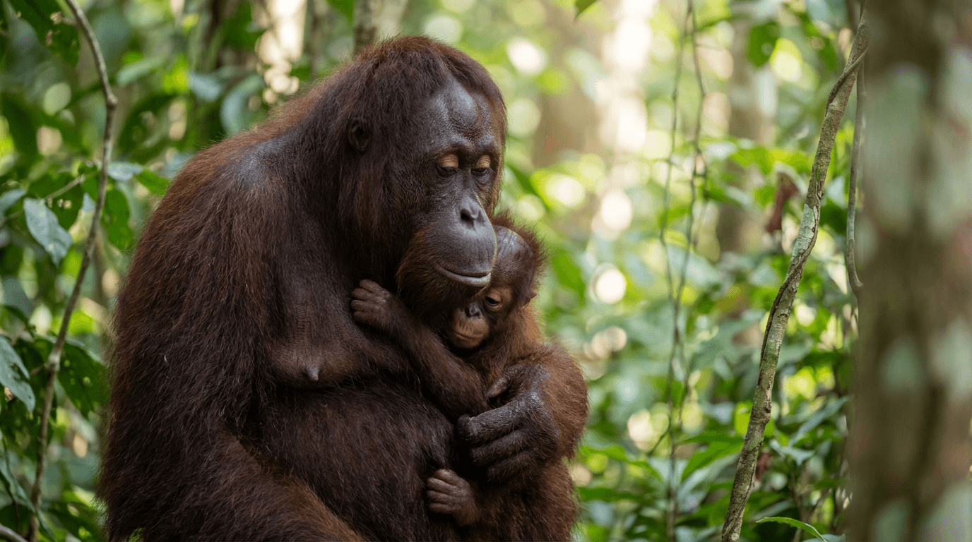AI-generated Bornean Orangutan image: Orangutan Mother and Baby. Primates. Borneo Rainforest.