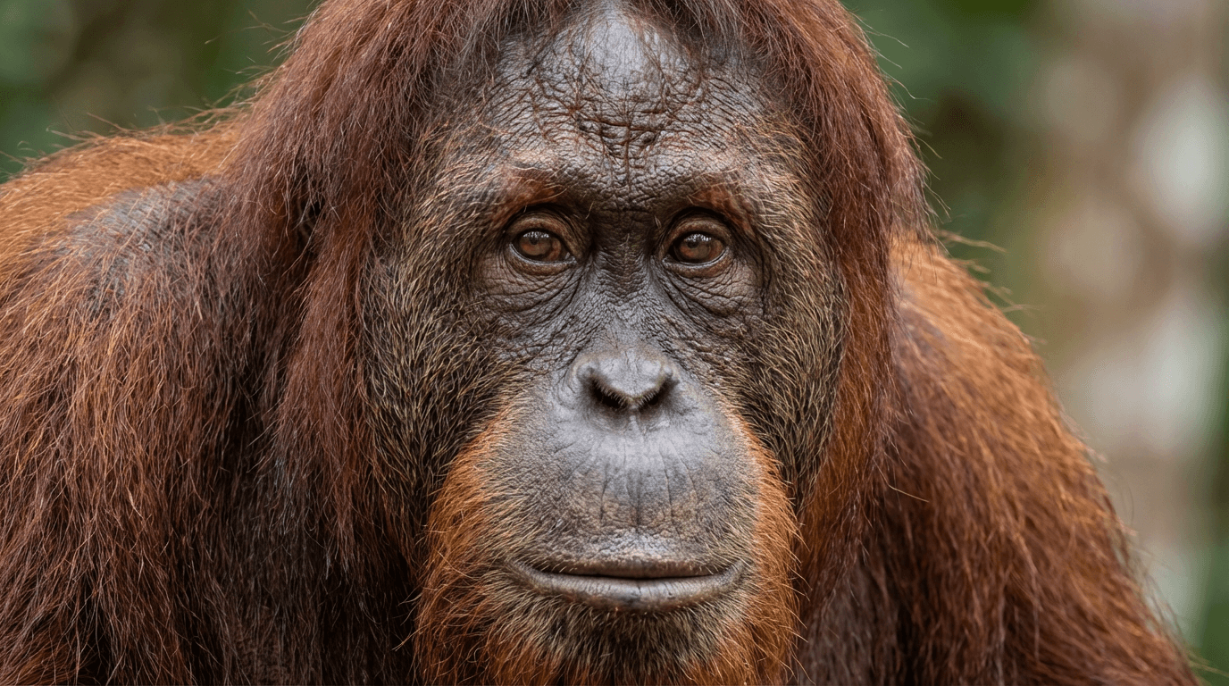 AI-generated Bornean Orangutan image: Orangutan Face Portrait. Primates. Borneo Rainforest.