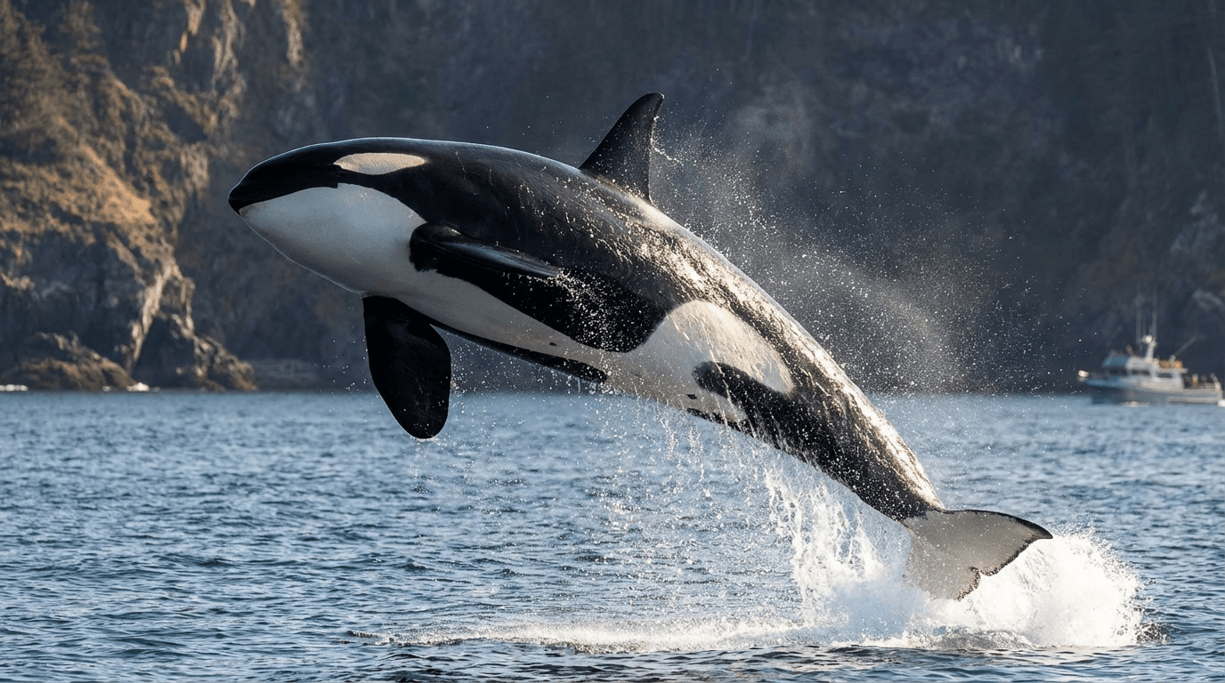 KI-generiertes Bild von Orca: Orca im natürlichen Lebensraum. Realistisches Tierbild-Beispiel.