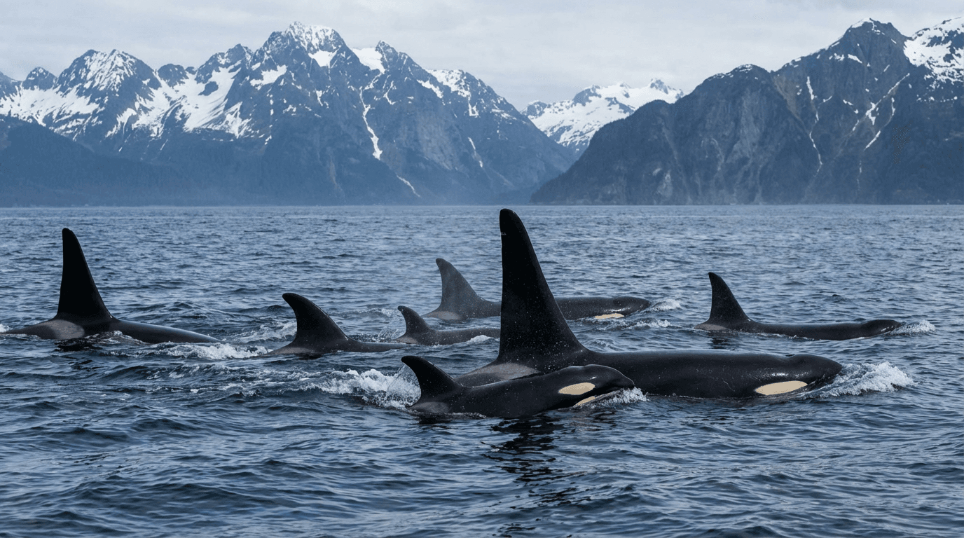 AI 生成的 虎鲸 图片:虎鲸 Pod with Calves,海洋哺乳动物. Cold Ocean Waters。
