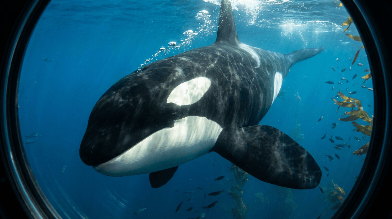 AI生成のシャチ画像:Orca Underwaterのポートレート、海洋哺乳類. Cold Ocean Waters。