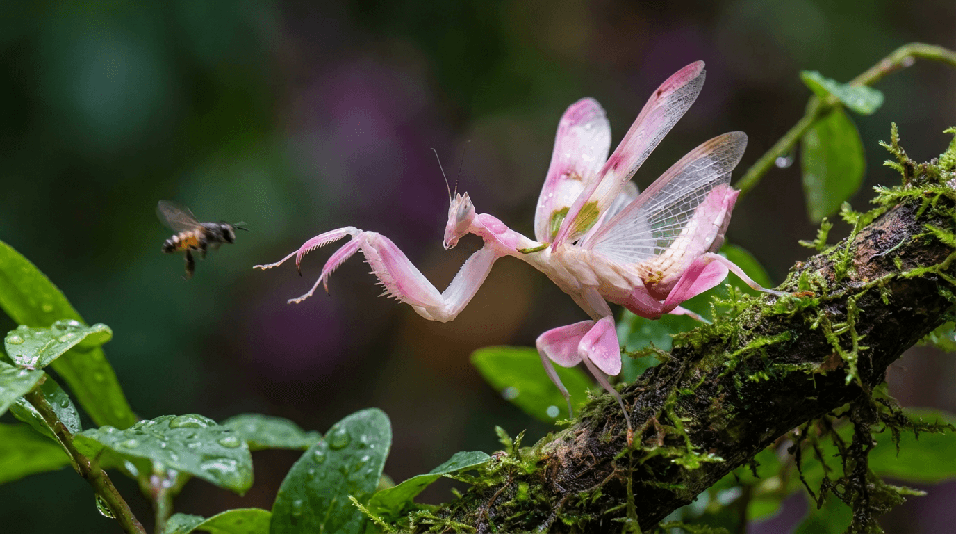AI-generated Orchid Mantis image: Orchid Mantis Action Shot. Invertebrates. Southeast Asian Rainforests.