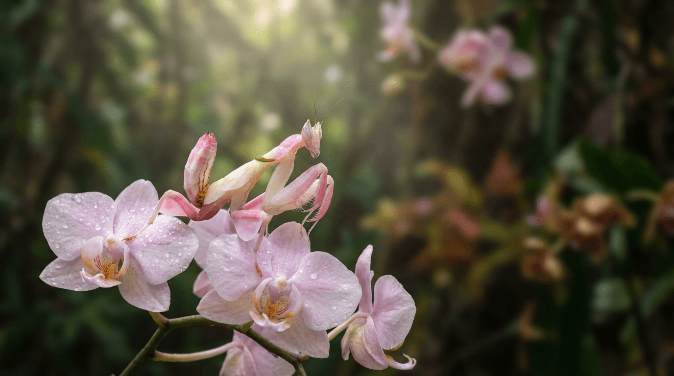 KI-generiertes Bild von Orchid Mantis: Orchid Mantis im natürlichen Lebensraum. Realistisches Tierbild-Beispiel.
