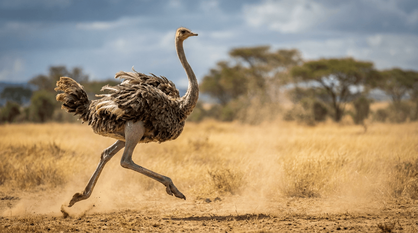 AI 生成的 Ostrich 图片:Ostrich 动作镜头,鸟类. African Savannas。