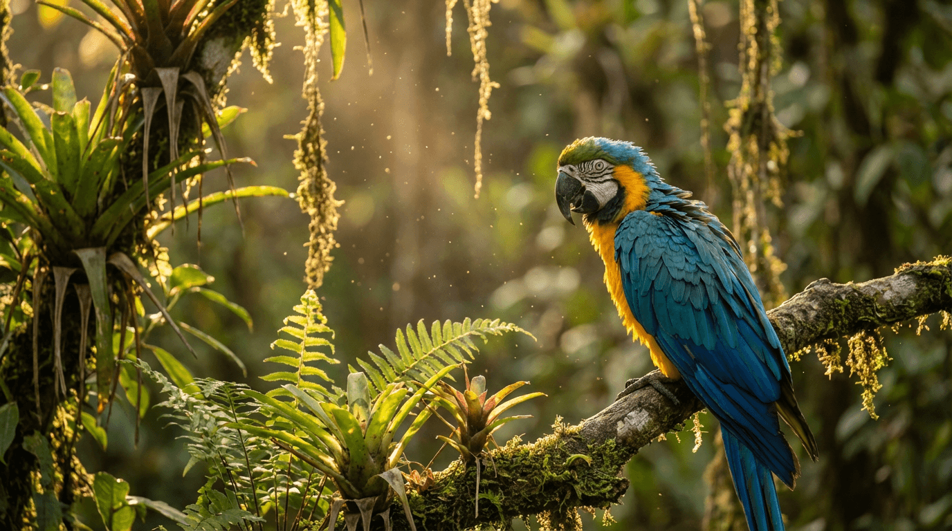 AI-generated Parrot image: Parrot in Natural Habitat. Tropical Rainforests Worldwide. Realistic animal image sample.