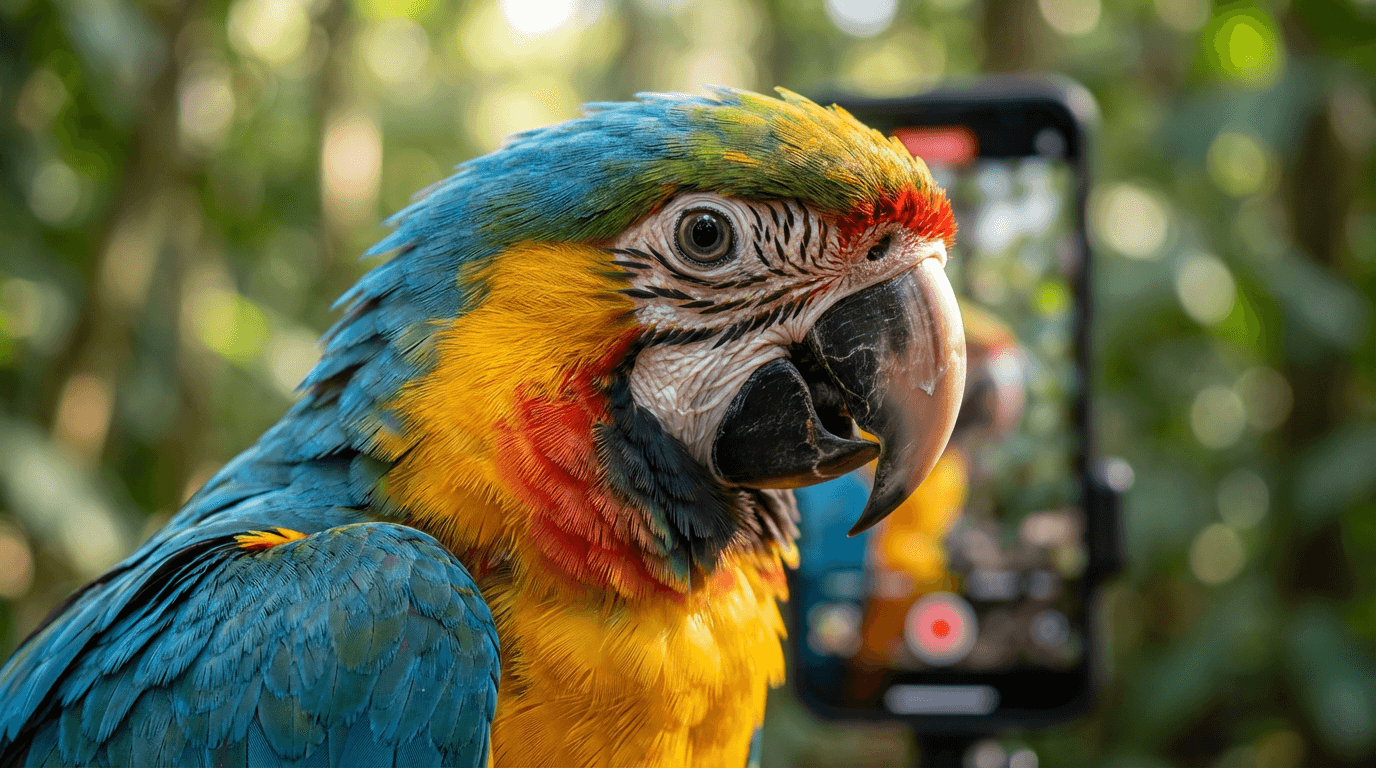 KI-generiertes Bild von Papagei: Papagei Nahporträt. Beliebte Tiere. Tropical Rainforests Worldwide.