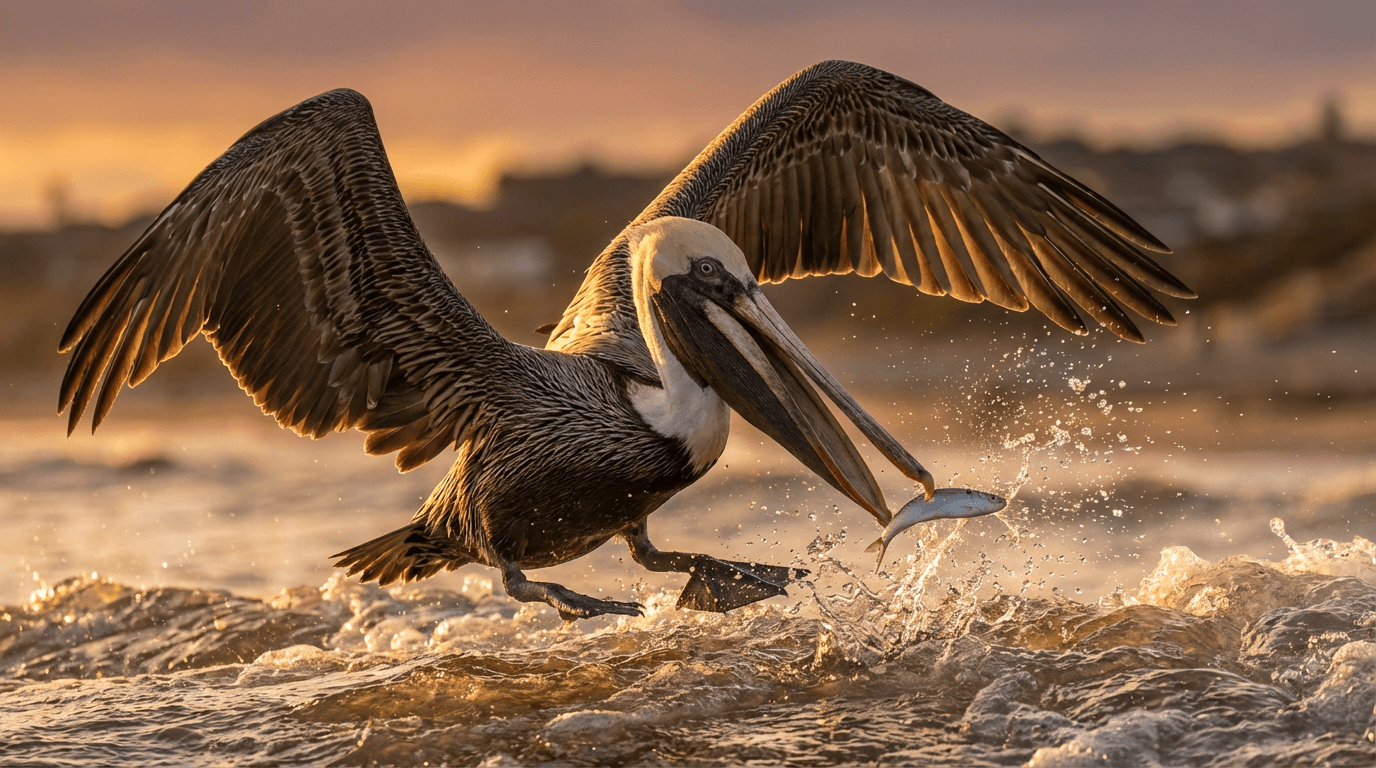 AI-generated Pelican image: Pelican Action Shot. Birds. Coastal Waters Worldwide.