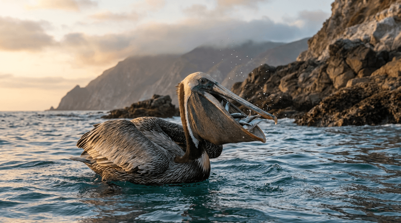 AI-generated Pelican image: Pelican in Natural Habitat. Coastal Waters Worldwide. Realistic animal image sample.