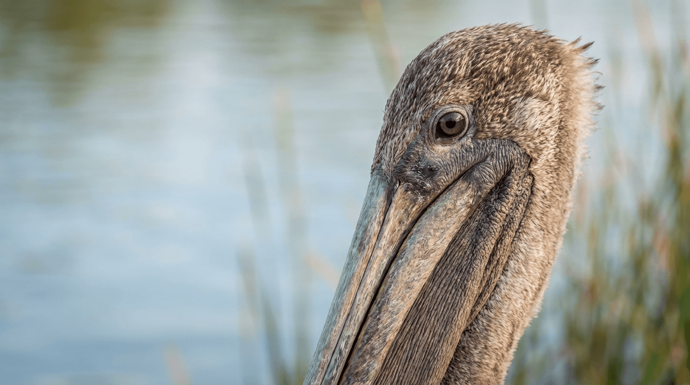 AI-generated Pelican image: Pelican Close Portrait. Birds. Coastal Waters Worldwide.