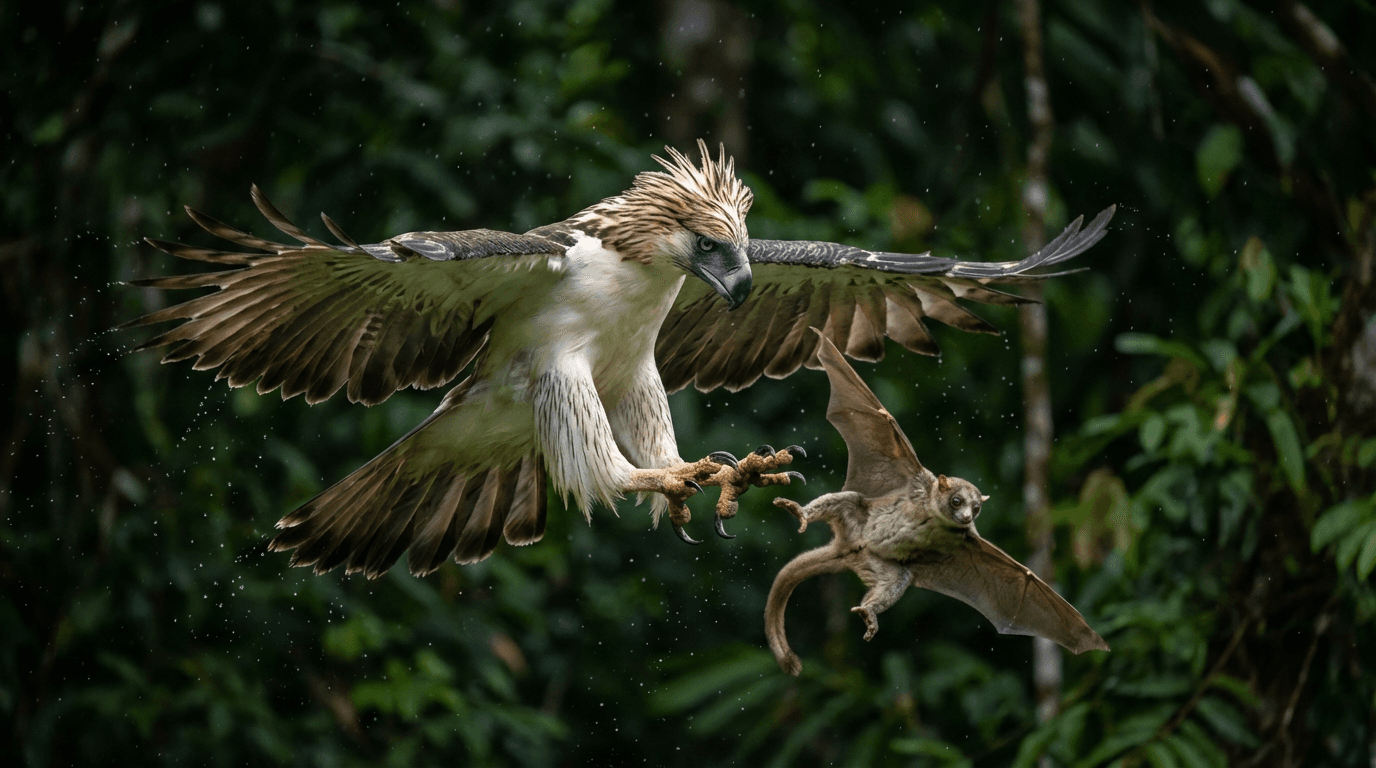 AI 生成的 Philippine Eagle 图片:Philippine Eagle 动作镜头,猛禽. Philippine Rainforest。