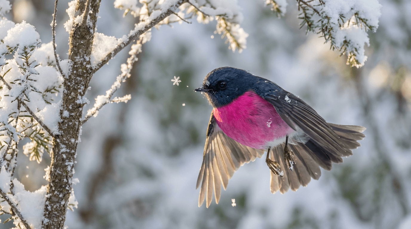 KI-generiertes Bild von Pink Robin: Pink Robin Actionaufnahme. Vögel. Australian temperate forests.