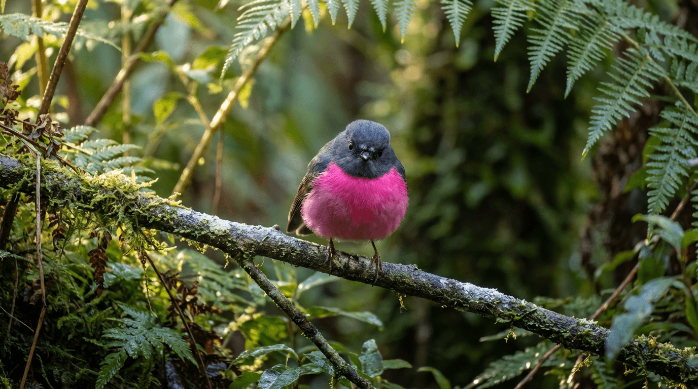 KI-generiertes Bild von Pink Robin: Pink Robin im Lebensraum. Australian temperate forests. Realistisches Tierbild-Beispiel.