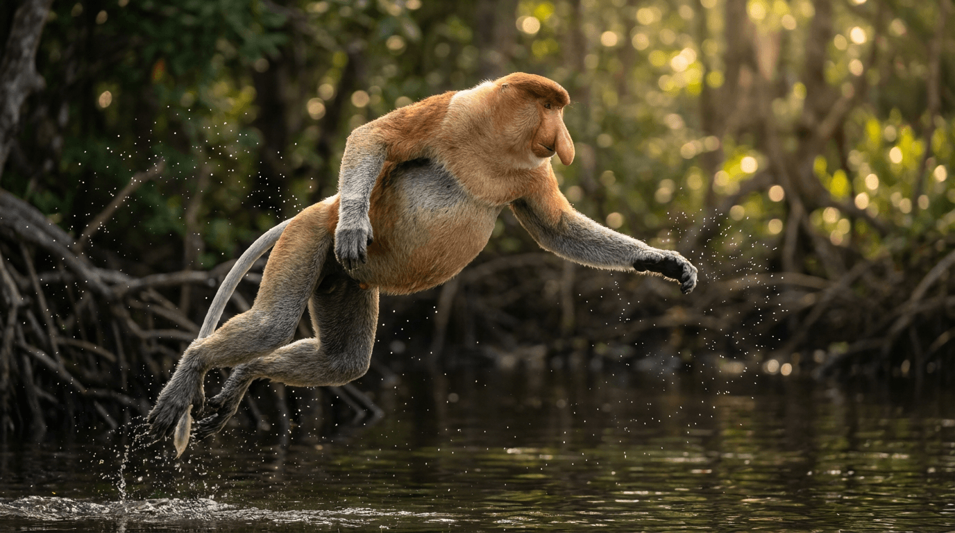 KI-generiertes Bild von Proboscis Monkey: Proboscis Monkey Actionaufnahme. Primaten. Borneo Mangroves.