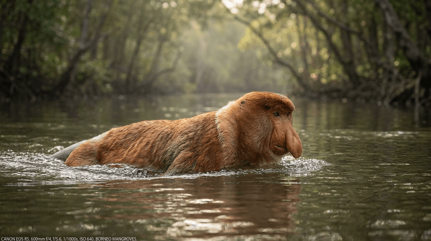 AI-generated Proboscis Monkey image: Proboscis Monkey in Natural Habitat. Realistic animal image sample.