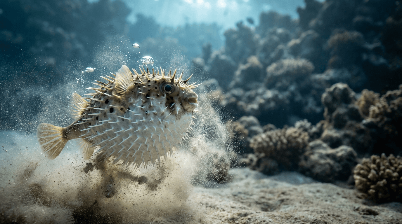 KI-generiertes Bild von Pufferfish: Pufferfish Actionaufnahme. Meeresfische. Tropical and Subtropical Oceans.