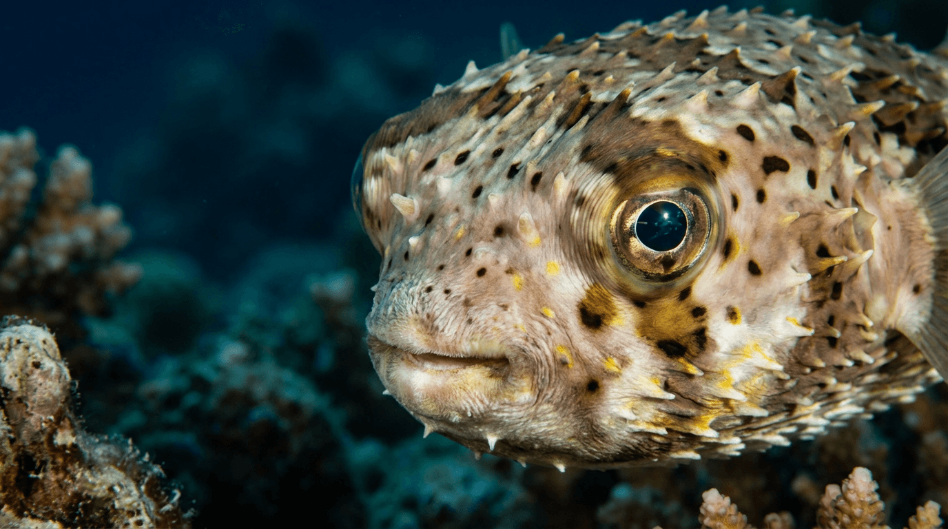 KI-generiertes Bild von Pufferfish: Pufferfish Close Porträt. Meeresfische. Tropical and Subtropical Oceans.