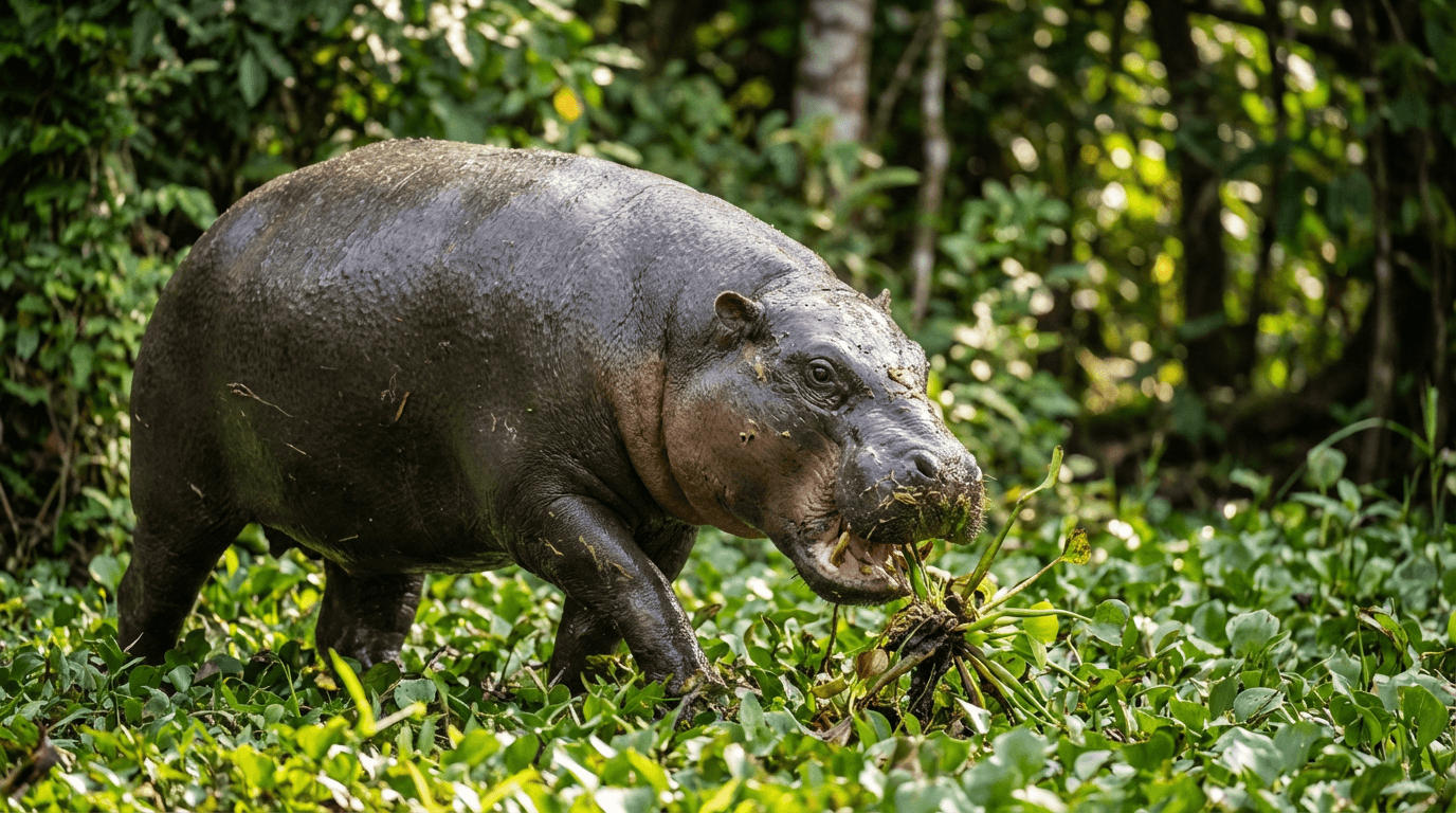 AI-generated Pygmy Hippopotamus image: Pygmy Hippopotamus in Action. Mammals. West African rainforests.