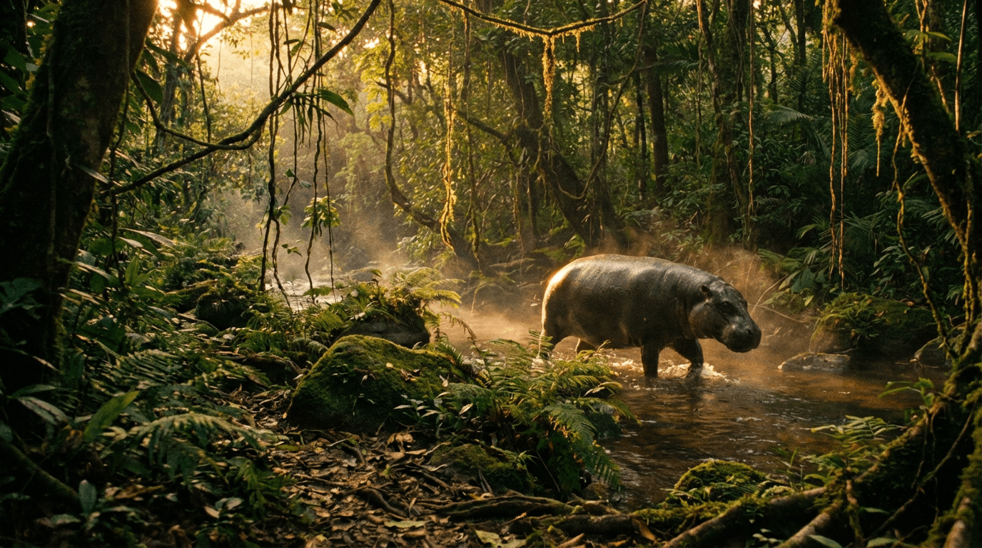 AI 生成的 Pygmy Hippopotamus 图片:Pygmy Hippopotamus 的自然栖息地,哺乳动物. West African rainforests。
